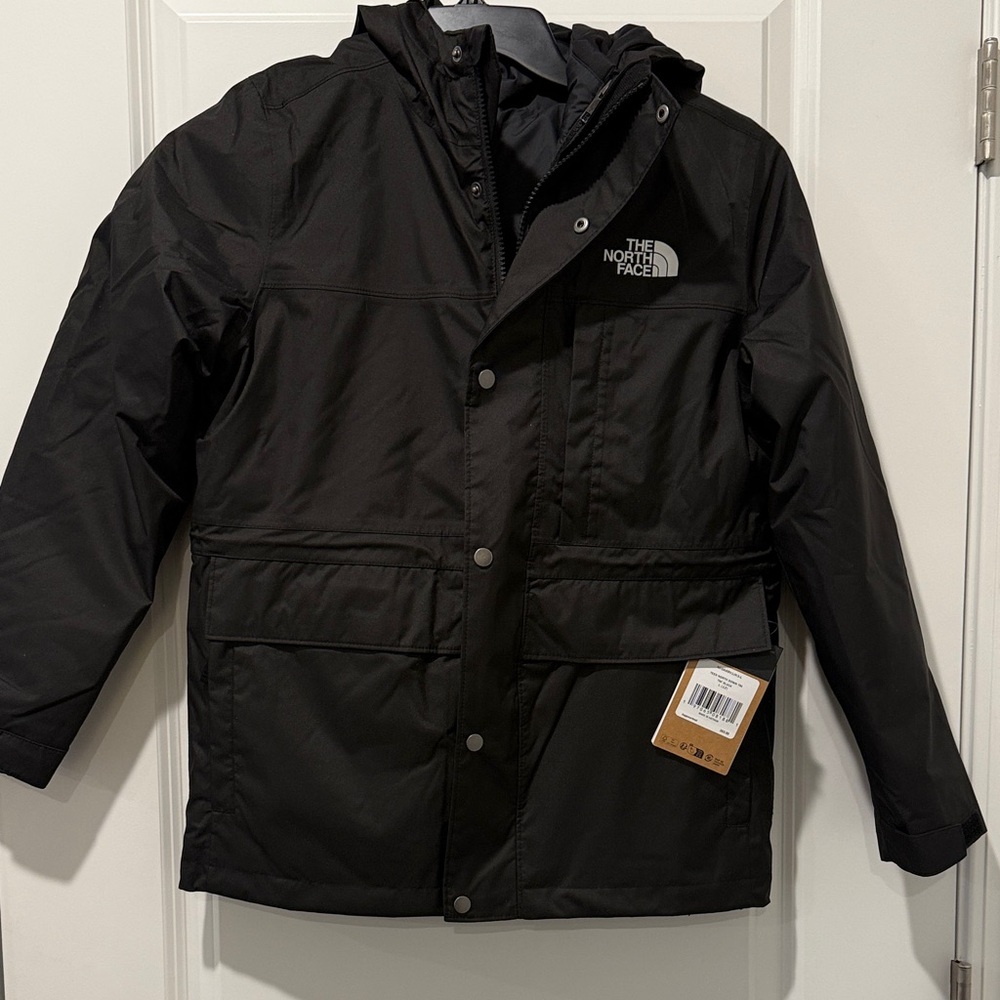 The North Face Men's Black Hooded Raincoat with Front Snap Closure